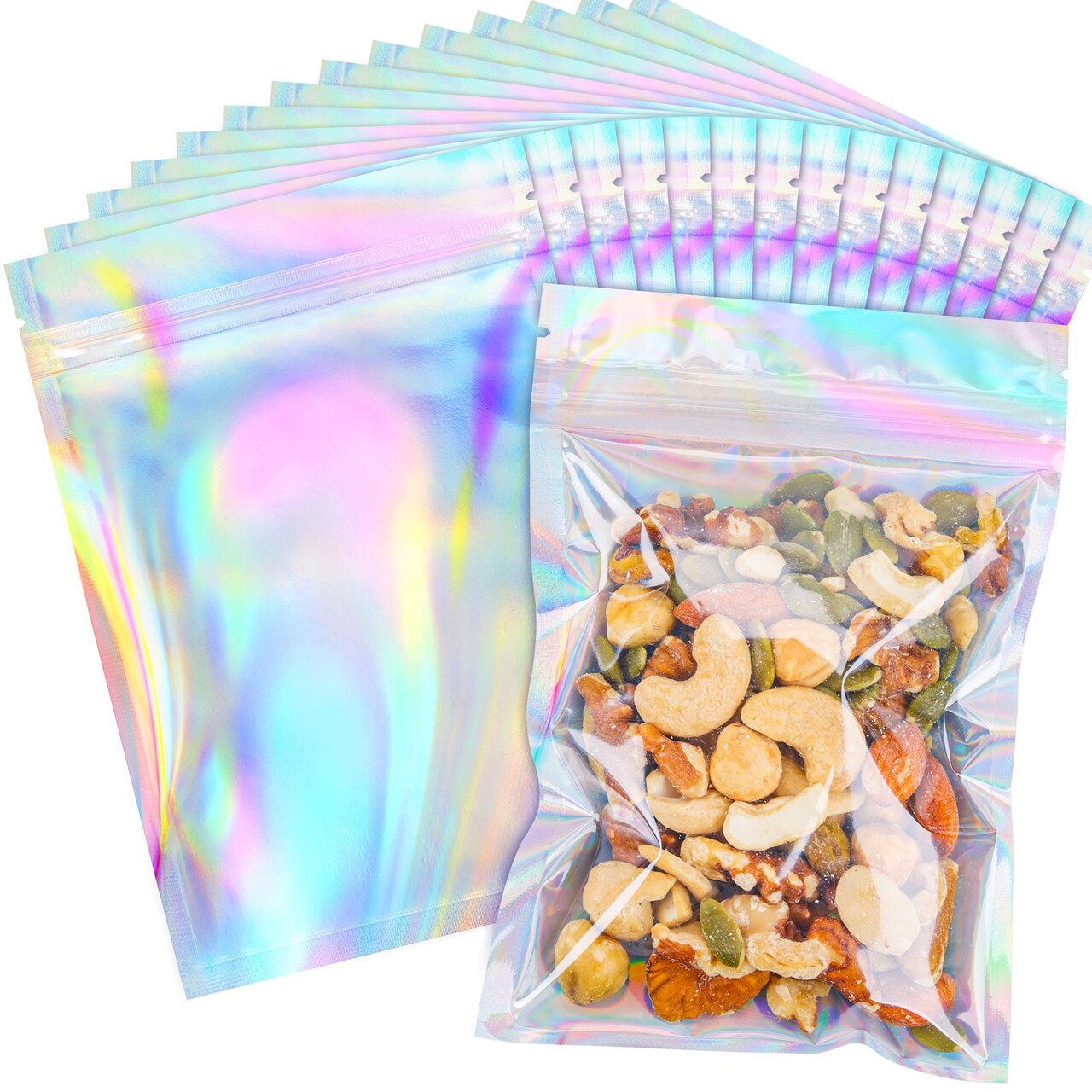 Holographic Mylar Bags Resealable Smell Proof Bags for Lip Gloss, Jewelry, Lash Candy and More - Small Business Packaging Supplies(100PACK, 5.5x8INCH)